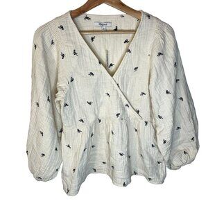 Madewell Lightspun Peplum Wrap Top Tiny Bows Women XS Cream Puff Sleeve New